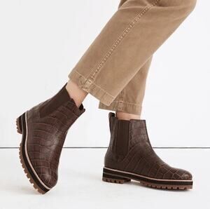 Madewell The Ivy Chelsea Boots Women 6.5 Brown Croc Embossed Leather Lug Sole